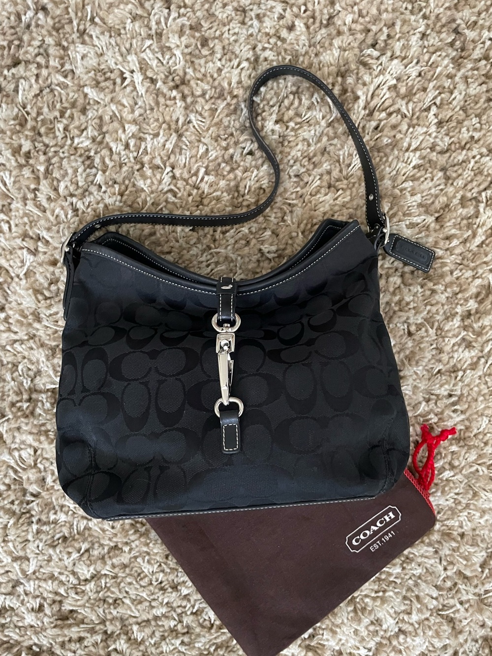 Coach Black Signature Jacquard Hobo Shoulder Bag with Silver Hardware